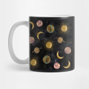 Gold Sun Moon Planets Space illustration Mug